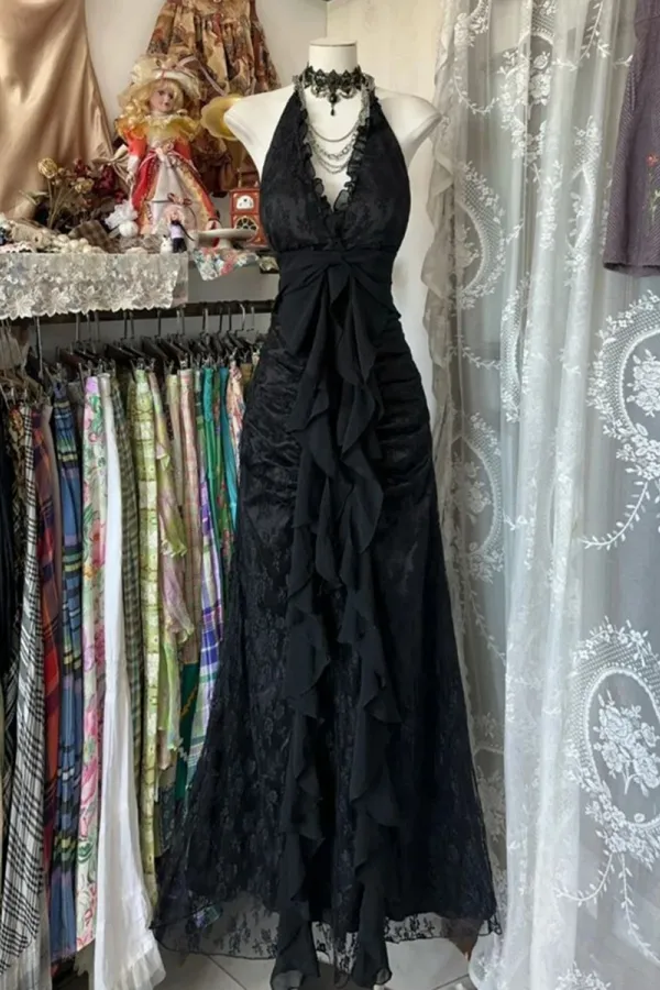 Cute Black Lace V Neckline A Line Halter Party Dress, Charming Style Prom Dress KPP2151
