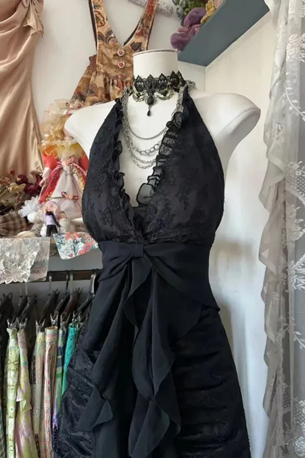 Cute Black Lace V Neckline A Line Halter Party Dress, Charming Style Prom Dress KPP2151