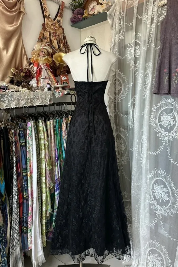 Cute Black Lace V Neckline A Line Halter Party Dress, Charming Style Prom Dress KPP2151