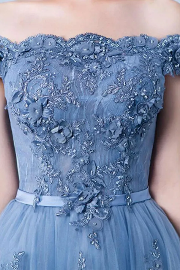 Elegant tulle lace applique long prom dress, blue evening dress KPP2152