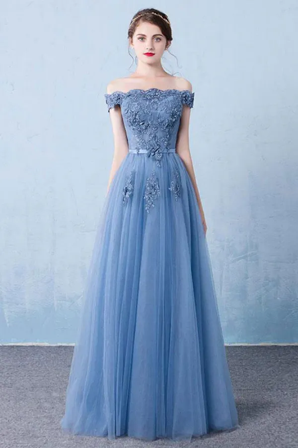 Elegant tulle lace applique long prom dress, blue evening dress KPP2152