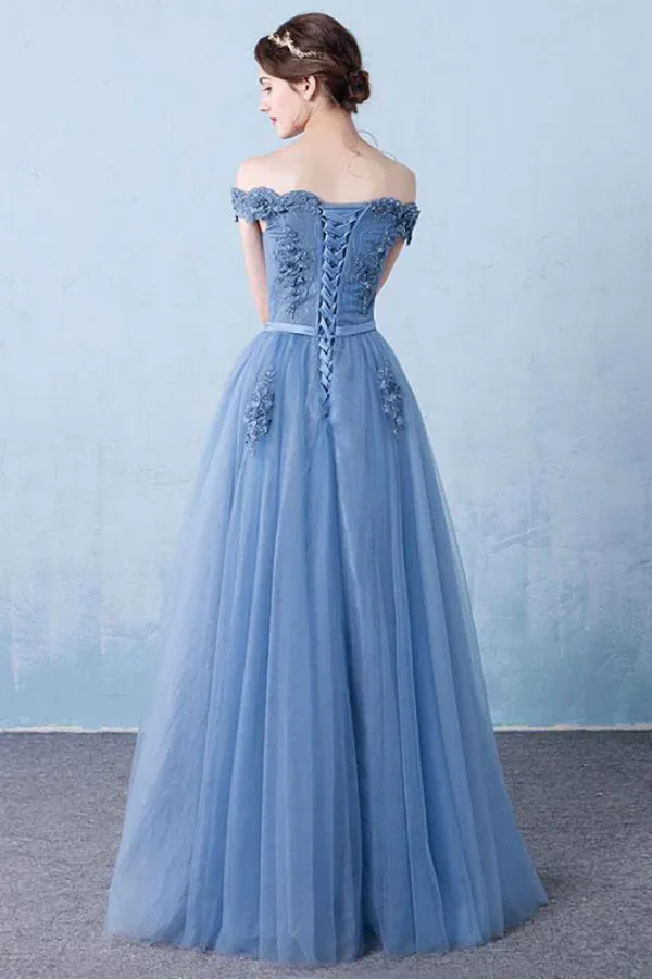 Elegant tulle lace applique long prom dress, blue evening dress KPP2152