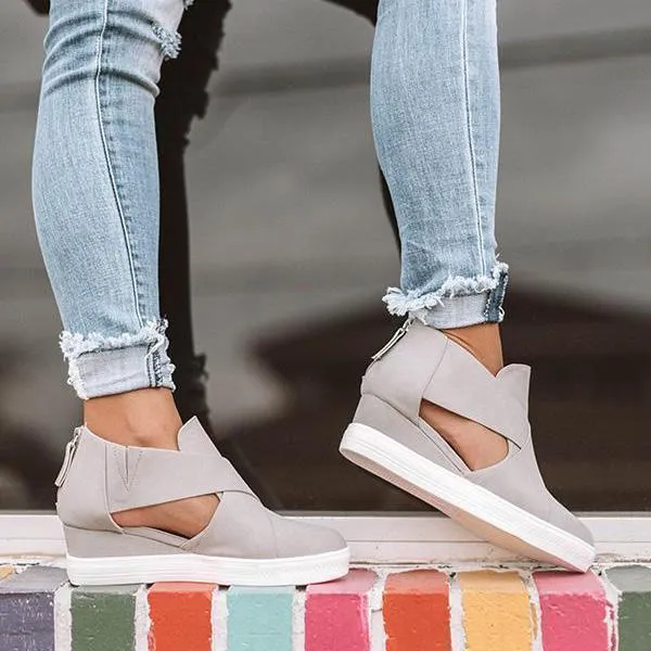 Sohiwoo  sneakers  Womens Side Cutout Back Zip Up Stylish Wedge Sneakers