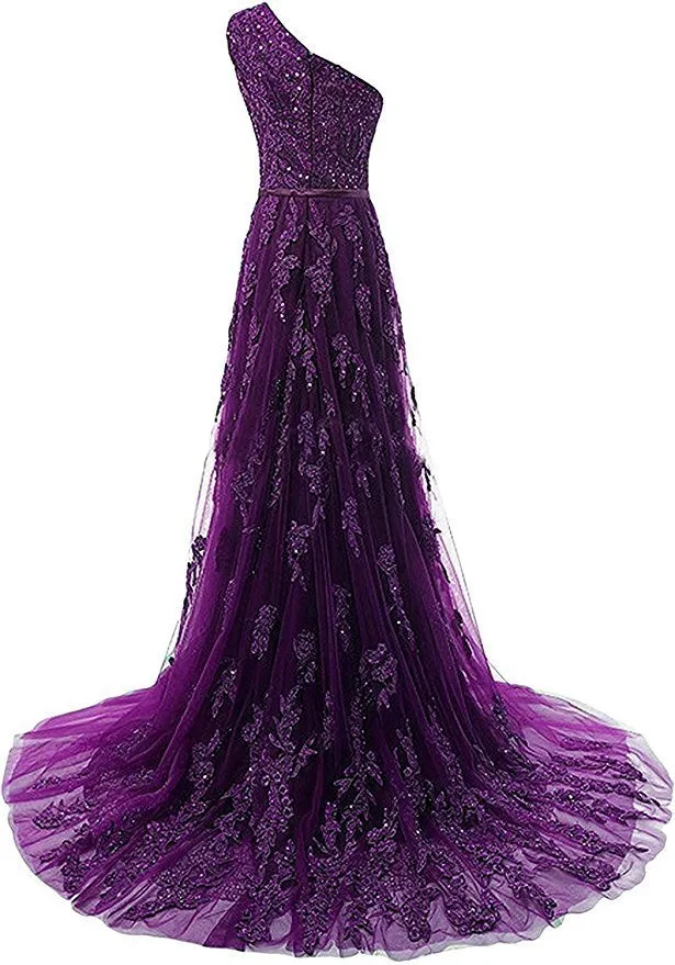 Solvbao Dark Purple One Shoulder Lace Applique Prom Dress , Long Formal Gown